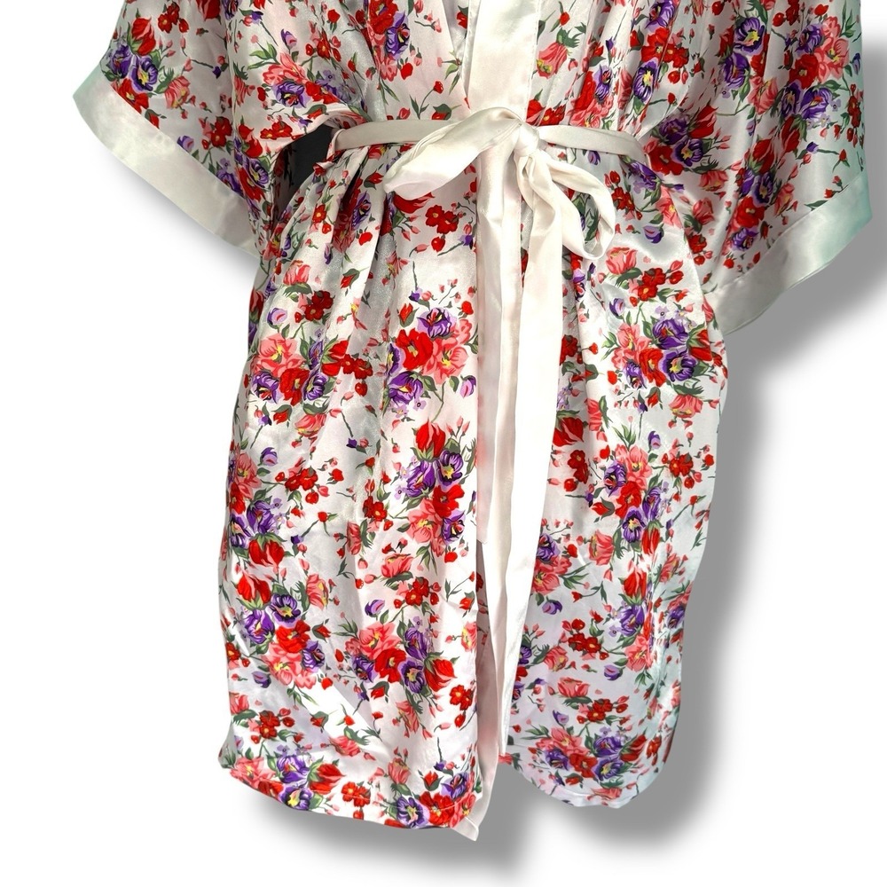 Vintage 90s Frederick's of Hollywood Floral Robe Lingerie Large Satin Overcoat - Picture 3 of 9